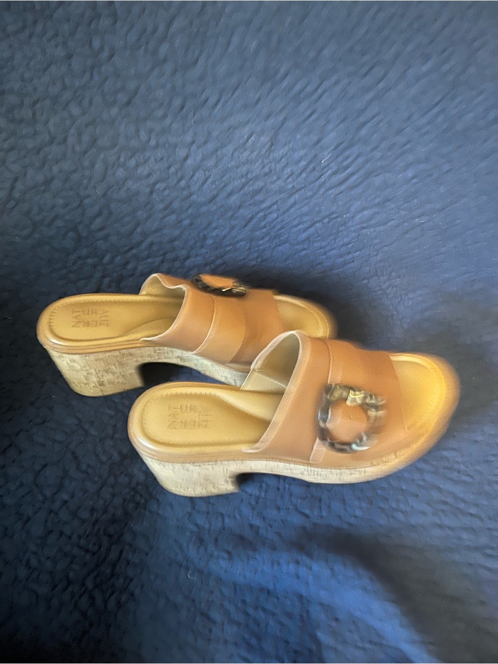 Naturalizer Tan Leather Slide Sandals with Cork Heel